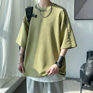 Contrast Stitching Crew Neck 3/4 Sleeves Top