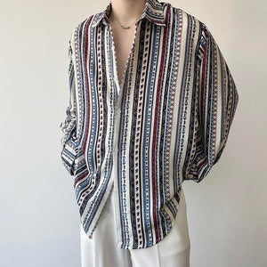 Vintage Stripe Print Lapel Long Sleeve Shirt