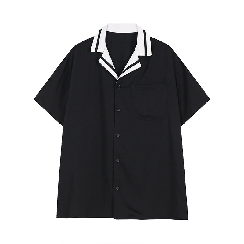 Contrast Striped Lapel Short Sleeve Shirt