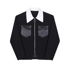 Load image into Gallery viewer, Contrast Collar PU Leather Pockets Cropped Zip Jacket

