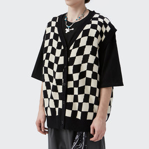 Checkerboard V-Neck Knit Cardigan