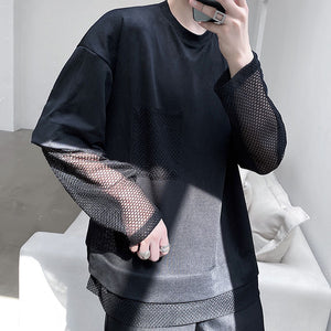 Thin Mesh Panel Crew Neck Long Sleeve T-Shirt