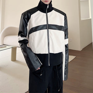 Black and White Stitching PU Leather Short Jacket