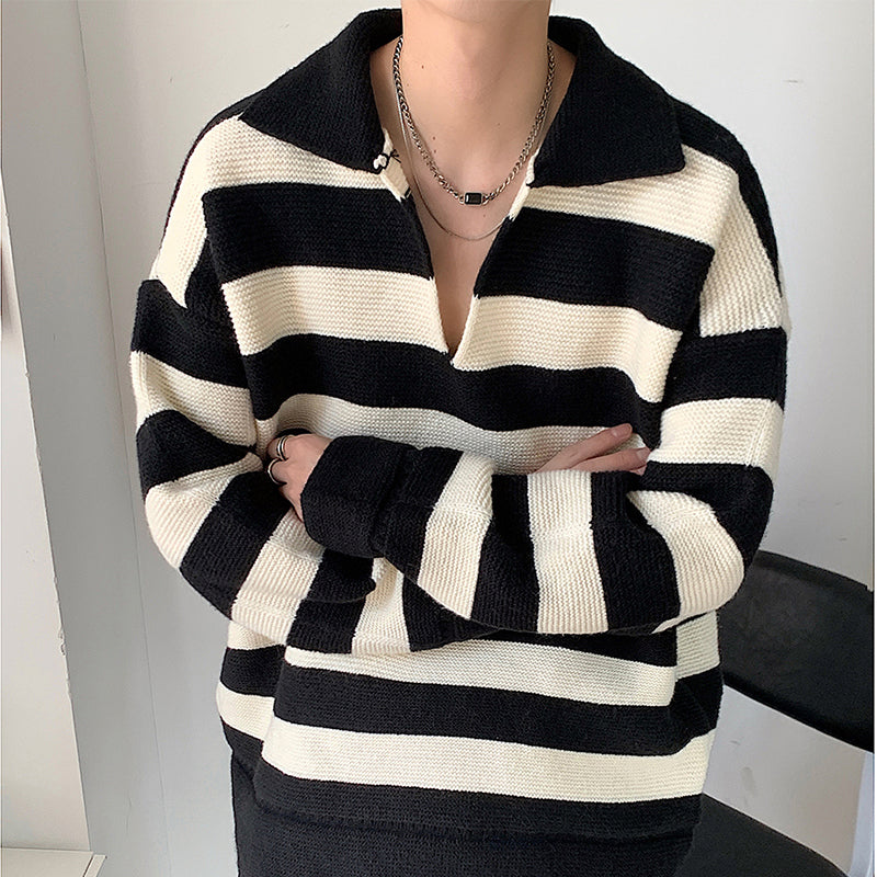 Black and White Contrasting Stripe V-Neck Sweater