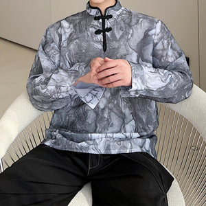 Ink Pattern Stand Collar Buckle Long Sleeve Shirt