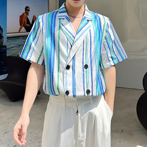 Contrast Stripe Double Breasted Lapel Shirt