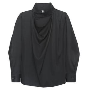Solid Color Stand Collar Cutout Long Sleeve Shirt
