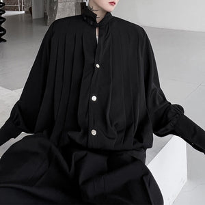 Vintage Stand Collar Pleated Shirt