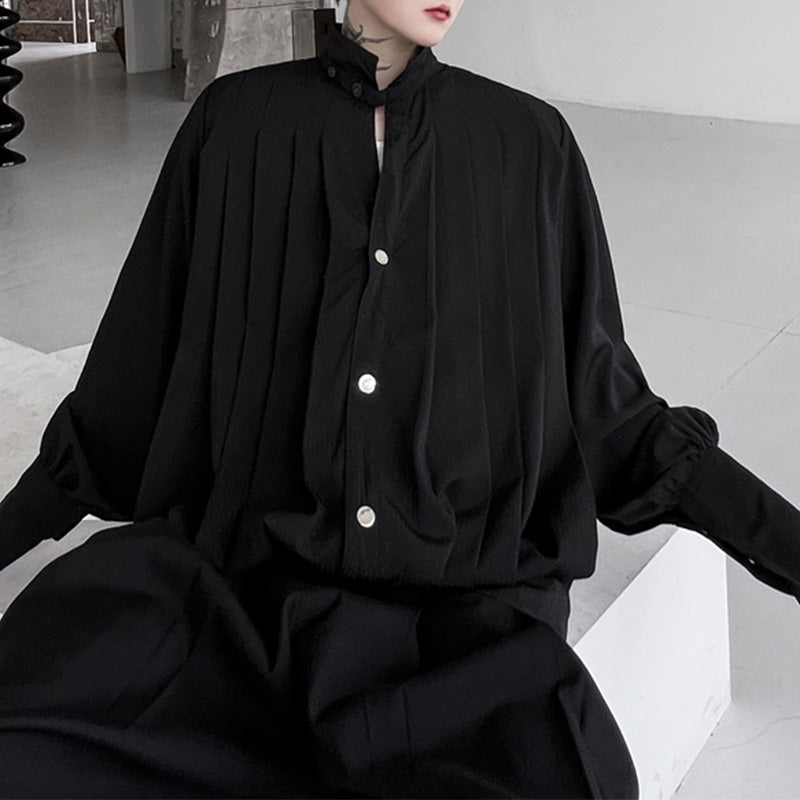 Vintage Stand Collar Pleated Shirt
