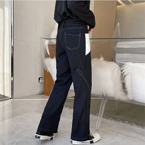 Contrasting Color Zipper Slit Slacks