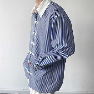 Vintage Buckle Design Blue Striped Shirt