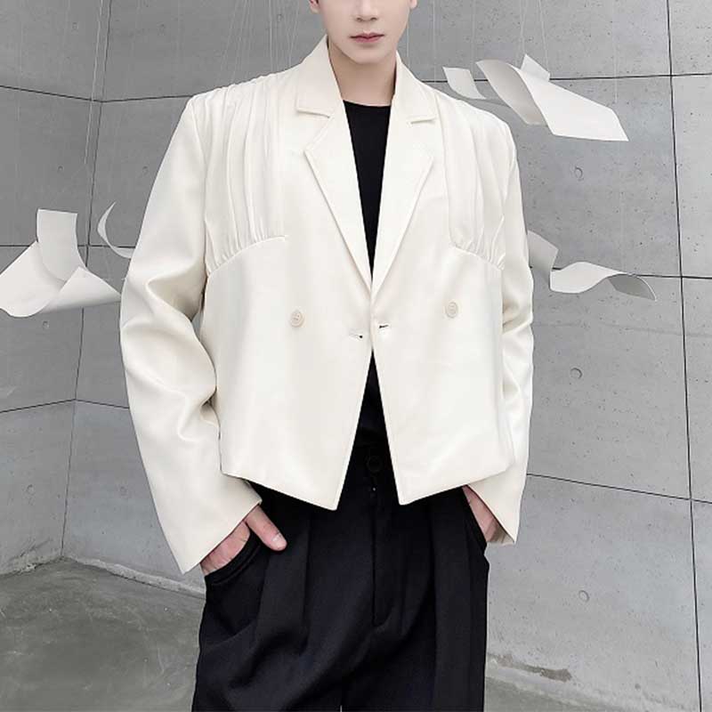 Simple Pleated Lapel Cropped Jacket