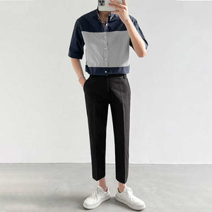 Thin Paneled Striped Half-Sleeve Shirt