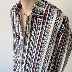 Vintage Stripe Print Lapel Long Sleeve Shirt