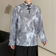Load image into Gallery viewer, Ink Pattern Stand Collar Buckle Long Sleeve Shirt
