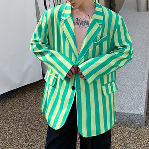 Green Colorblock Striped Casual Blazer