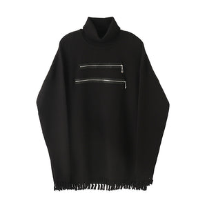 Dark Fringe Zipper Trim Turtleneck Sweater