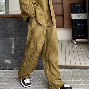 Retro Khaki Check Simple Blazer And Pant Set
