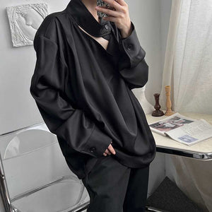 Solid Color Stand Collar Cutout Long Sleeve Shirt