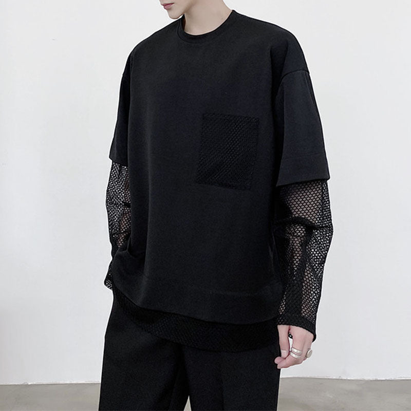Thin Mesh Panel Crew Neck Long Sleeve T-Shirt