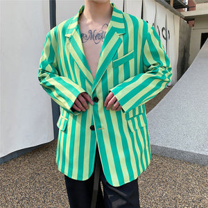 Green Colorblock Striped Casual Blazer