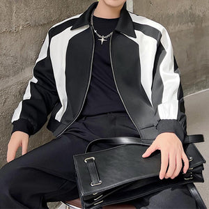 Black And White Colorblock Shoulder Pad Cropped Jacket