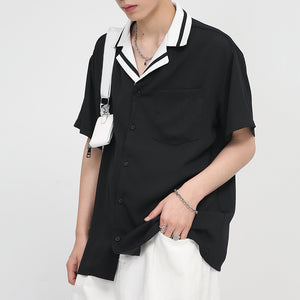 Contrast Striped Lapel Short Sleeve Shirt