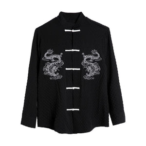 Vintage Buckle Stand Collar Dragon Embroidery Shirt