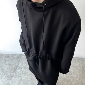 Dark Hood Lace Up Pullover Mid Length Coat
