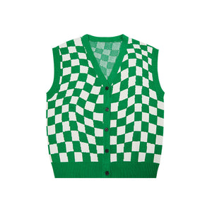 Checkerboard V-Neck Knit Cardigan