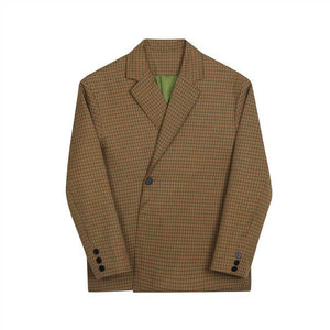 Retro Khaki Check Simple Blazer And Pant Set