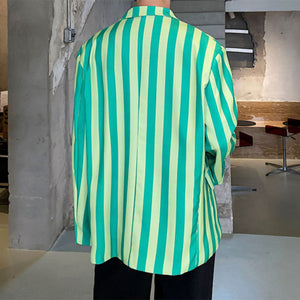 Green Colorblock Striped Casual Blazer