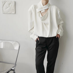 Solid Color Stand Collar Cutout Long Sleeve Shirt