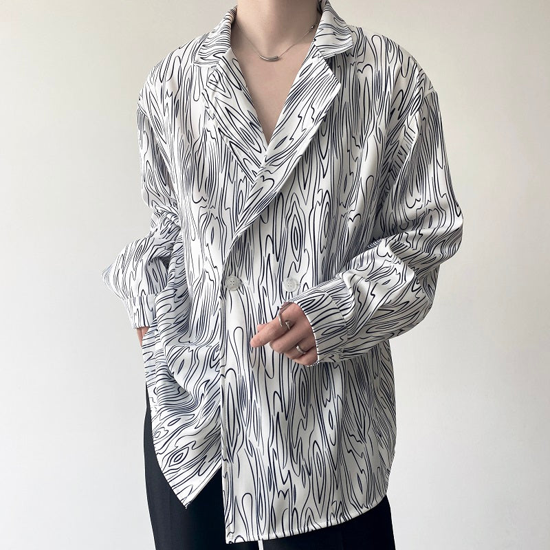 Water Ripple Print Lapel Long-sleeve Shirt