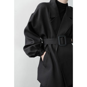 Black Waist Buckle Casual Trench Coat
