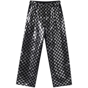 Sequin-paneled Plaid Trousers