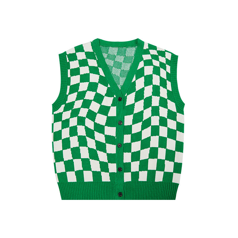 Checkerboard V-Neck Knit Cardigan