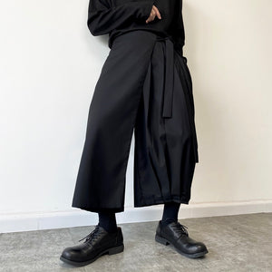 Pleated Wide-leg Straight Cropped Trousers