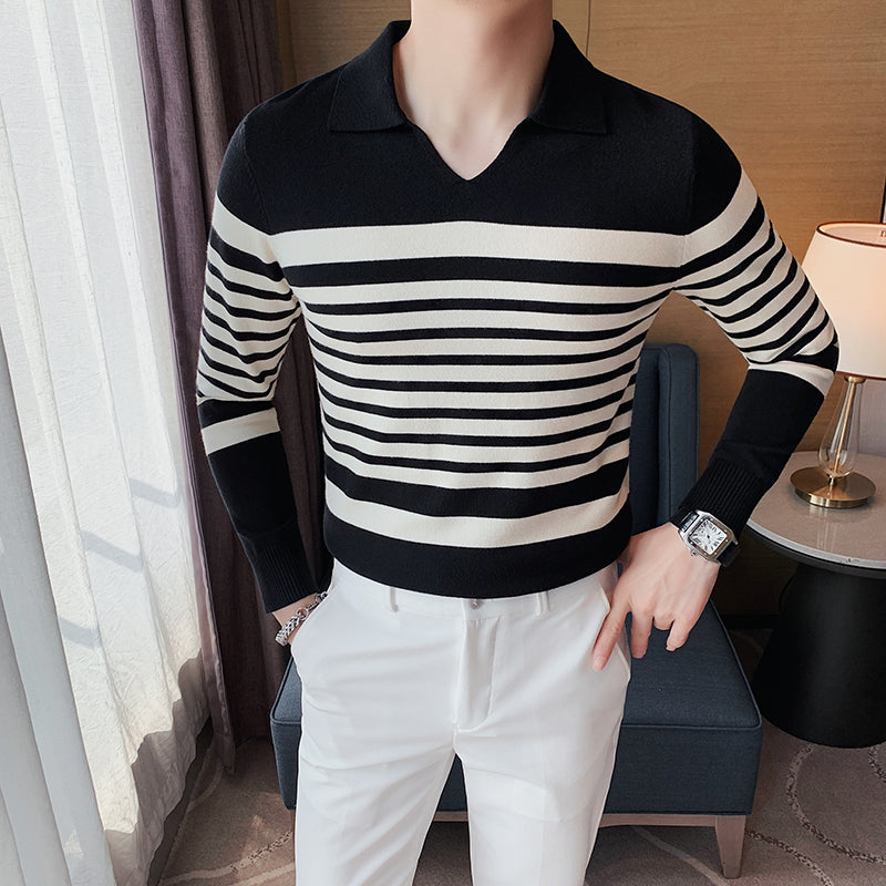 Striped Long-sleeve Knitted Polo Shirt