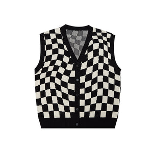 Checkerboard V-Neck Knit Cardigan