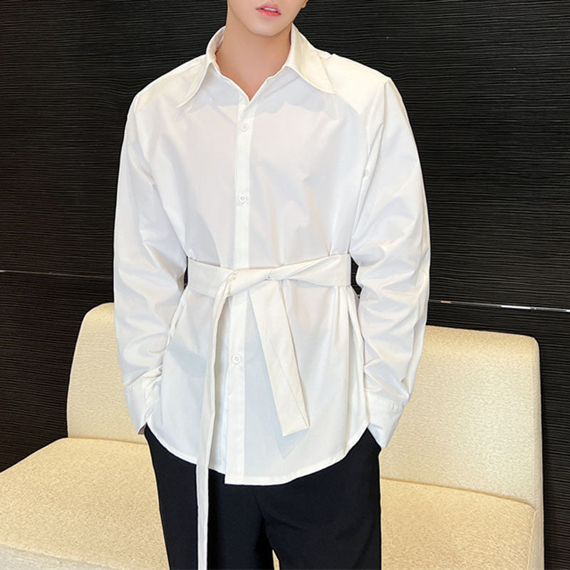 Belted Long Sleeve Loose Shirt