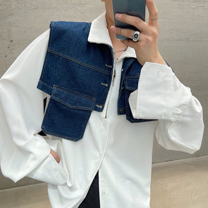 Asymmetrical Pockets Cropped Denim Vest