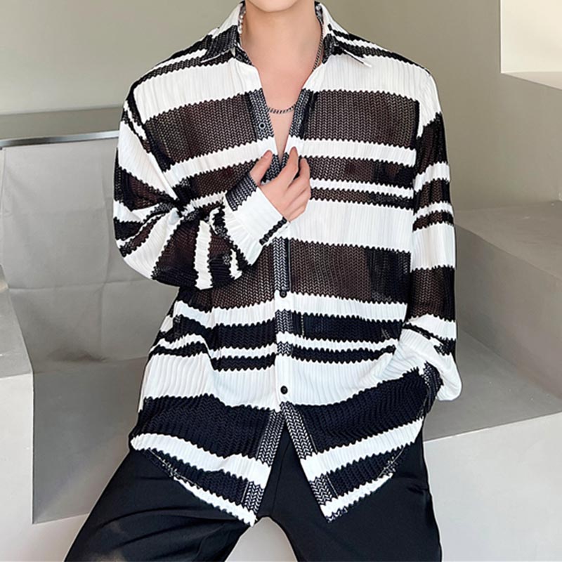 Thin Color Contrast Stripe Hollow Shirt