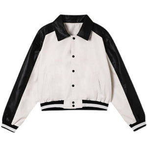 Black and White Contrast PU Leather Short Jacket