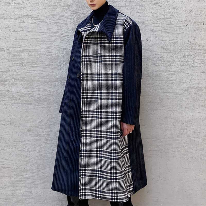 Corduroy Plaid Long Over-the-Knee Trench Coat