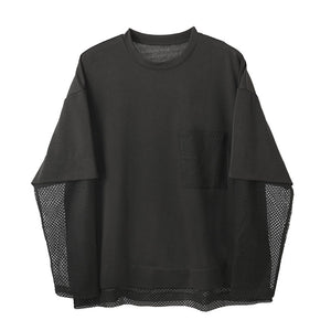 Thin Mesh Panel Crew Neck Long Sleeve T-Shirt