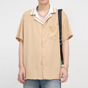 Contrast Striped Lapel Short Sleeve Shirt