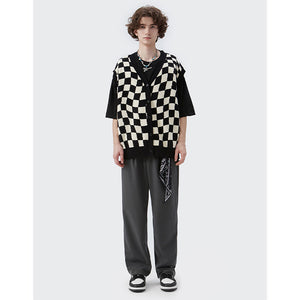 Checkerboard V-Neck Knit Cardigan