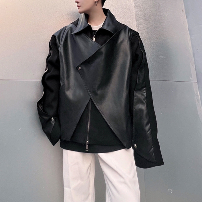 Irregular Wool and Leather Panel Jacket