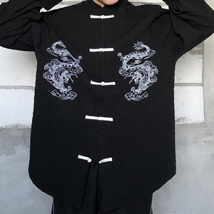 Vintage Buckle Stand Collar Dragon Embroidery Shirt